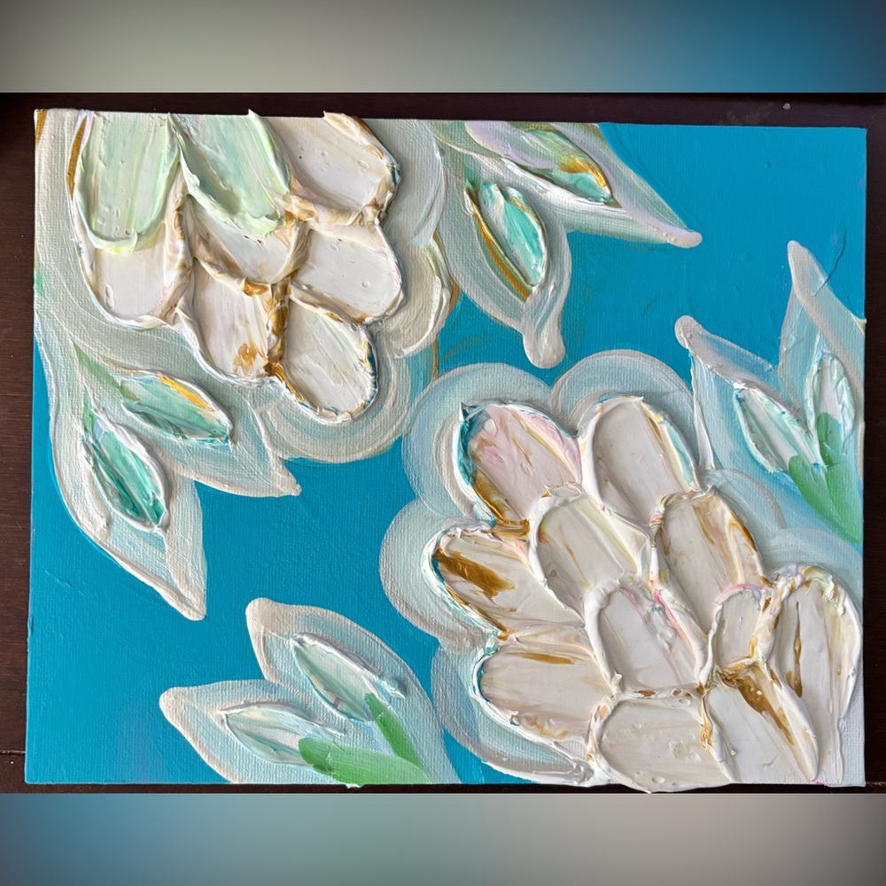 White & Gold Blooms - 3d Floral Texture Canvas Wall Art (handmade)